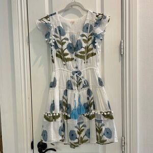 The Kemble Shop White Dress with Blue and Green Floral Embroidery